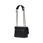 Guess black quilted leather crossbody handbag with gold-tone chain strap, magnetic closure, and multiple pockets