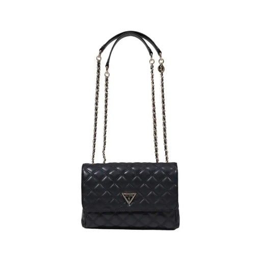 Guess black quilted leather crossbody bag with silver chain, top handle, magnetic closure