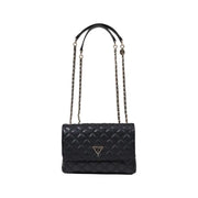 Guess black quilted leather crossbody bag with silver-tone chain, top handle, magnetic closure, and multiple pockets