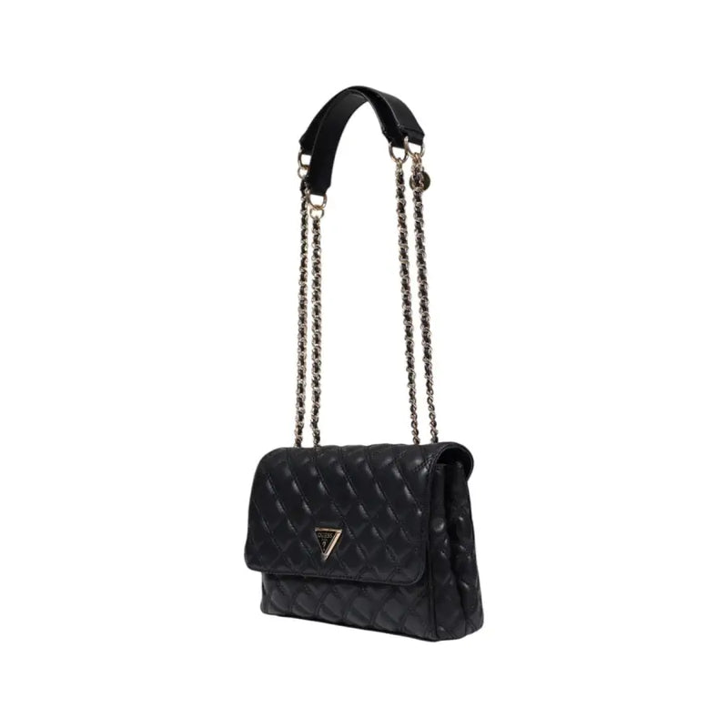 Guess black quilted leather shoulder bag with silver chain strap, triangular logo, magnetic closure, and multiple pockets