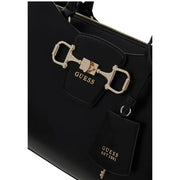 Guess black handbag with shoulder strap featuring a shiny gold-tone horsebit clasp and matching key tag with pockets