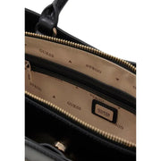 Black Guess handbag with gold-tone zippers shoulder strap pockets and branded interior lining