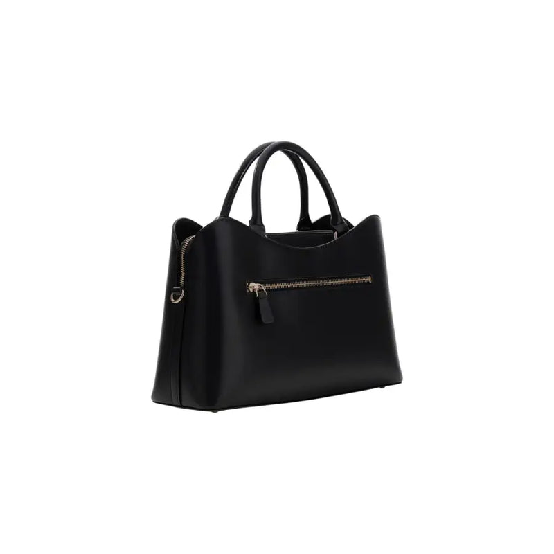 Guess black leather handbag with gold-tone zippers handles shoulder strap and multiple pockets for organization
