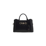 Guess black handbag with shoulder strap and pockets featuring sleek glossy leather and a silver horsebit clasp