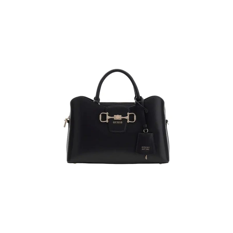 Guess black handbag with shoulder strap and pockets featuring sleek glossy leather and a silver horsebit clasp