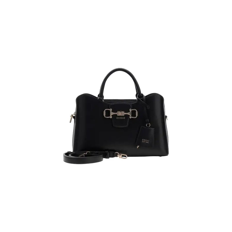 Guess black handbag with shoulder strap and pockets featuring a sleek structured design and silver horsebit clasp