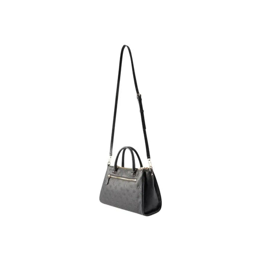 Guess black leather handbag with embossed pattern, silver hardware, strap, pockets