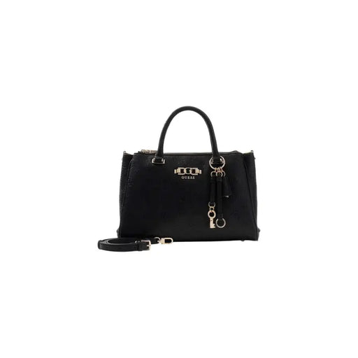 Guess black handbag with textured leather, gold-tone hardware, detachable strap