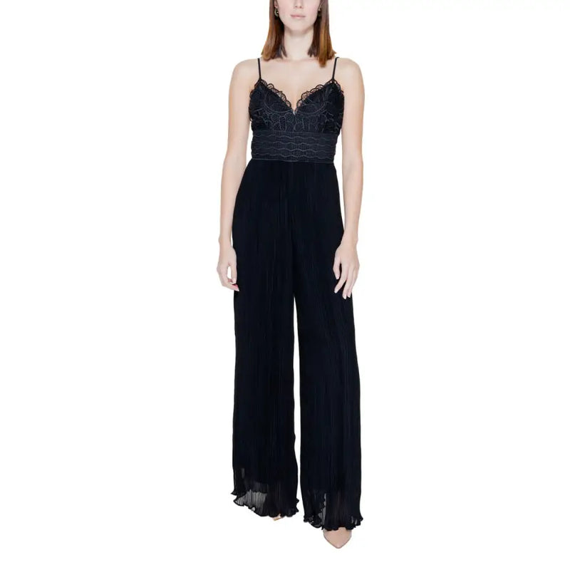 Guess black lace pleated jumpsuit with delicate spaghetti straps fitted bodice and sweetheart neckline front view