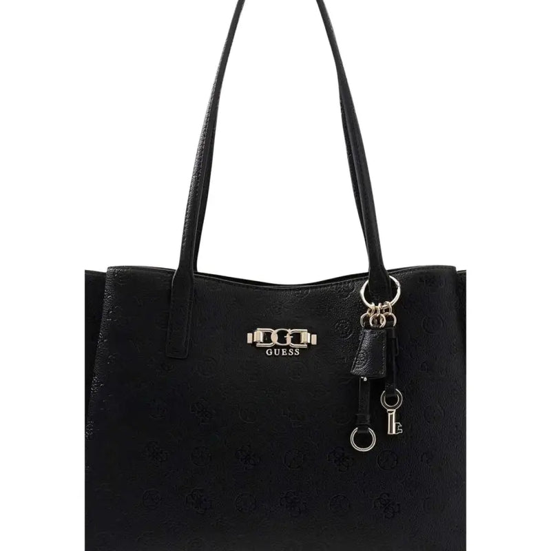 Black Guess tote bag in polyurethane with embossed logo pattern and silver-tone hardware accents and multiple pockets