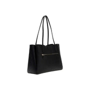 Guess black polyurethane handbag tote with subtle textured pattern multiple pockets and silver zipper detail