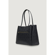 Guess black polyurethane handbag tote bag with subtle embossed pattern gold tone zipper and multiple pockets