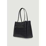 Guess black polyurethane handbag tote bag with subtle embossed pattern gold tone zipper and multiple pockets