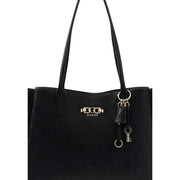 Black Guess tote bag in polyurethane with embossed logo pattern and silver-tone hardware accents and multiple pockets