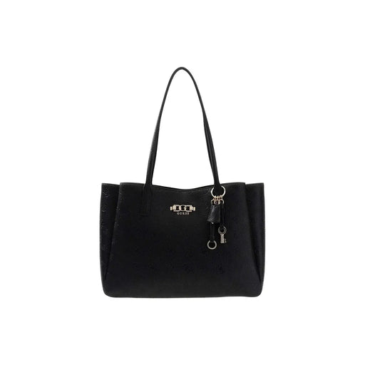 Black Guess polyurethane tote bag with embossed logo and keychain accessory featuring multiple pockets