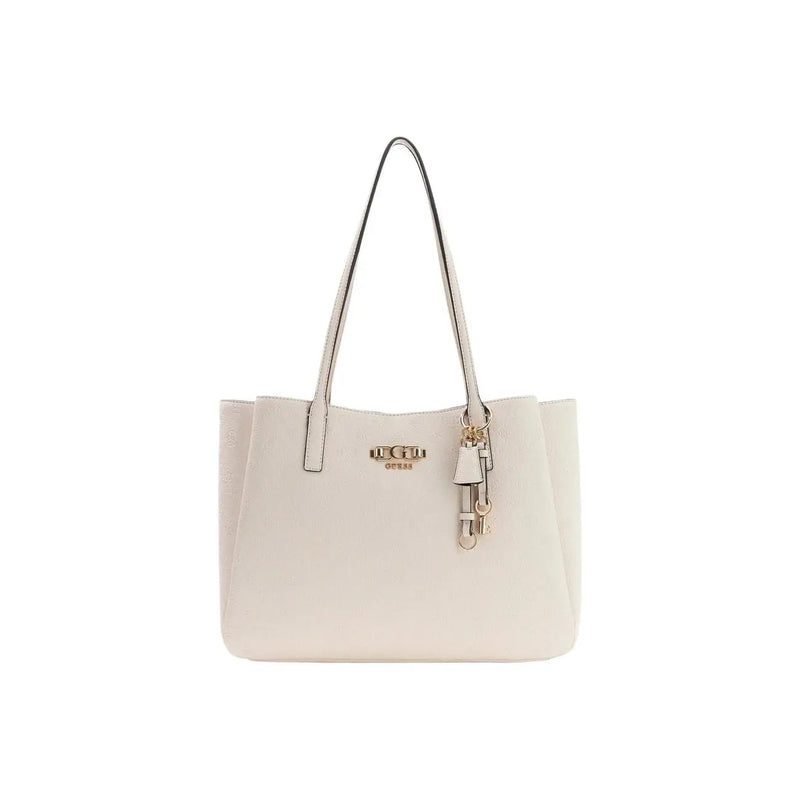 Guess cream-colored tote bag with structured design and gold-tone hardware