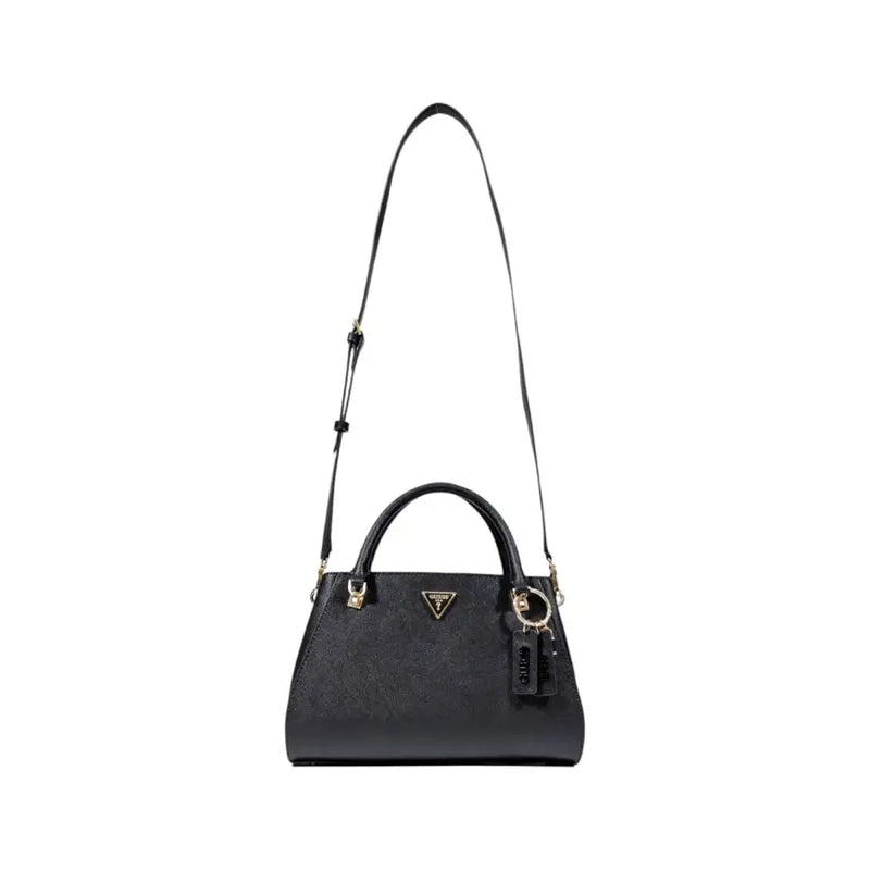 Guess black polyurethane handbag with textured surface gold-tone hardware and detachable shoulder strap