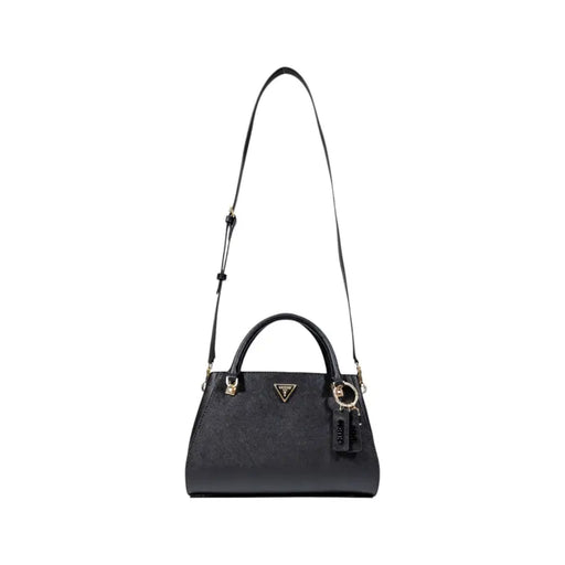 Guess black polyurethane handbag with textured surface, gold-tone hardware, detachable strap