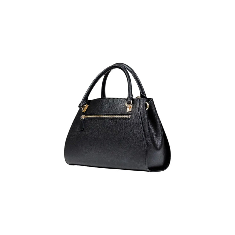 Guess black polyurethane handbag with shoulder strap featuring black leather textured surface and gold-tone hardware