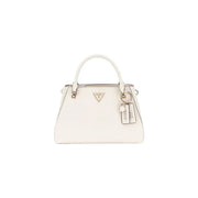 Guess white leather handbag with structured design, metallic hardware, shoulder strap