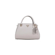Sleek light gray Guess handbag with structured design and gold-tone hardware