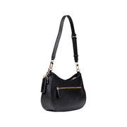 Guess black polyurethane handbag with zip pocket featuring textured design, gold-tone hardware, and detachable shoulder strap