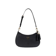 Black Guess shoulder bag with textured polyurethane leather and gold-tone hardware featuring a zip pocket