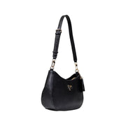 Black Prada hobo bag with textured leather and gold-tone hardware shown with zip pocket on Guess black polyurethane handbag