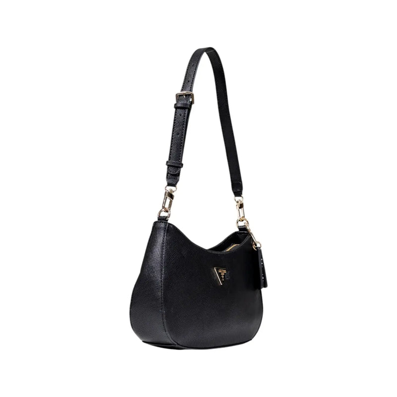 Black Prada hobo bag with textured leather and gold-tone hardware shown with zip pocket on Guess black polyurethane handbag