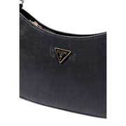 Black textured leather Guess handbag with gold-tone triangular logo plaque and zip pocket in polyurethane material
