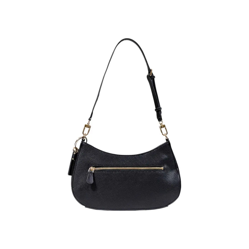 Guess black polyurethane handbag featuring textured shoulder design with gold-tone zipper and hardware details