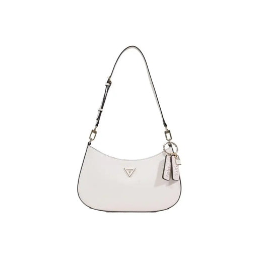 Guess Schwarze Polyurethan-Handtasche mit Reißverschlusstasche, weißem, strukturiertem Korpus, schwarzem Besatz, silbernem Logo
