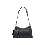 Guess black polyurethane handbag with embossed monogram pattern and gold-tone hardware featuring zip pockets