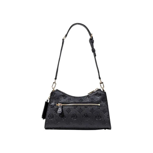 Guess black polyurethane handbag with embossed monogram pattern and gold-tone hardware featuring zip pockets