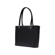 Guess black polyurethane handbag with structured black leather tote shape and silver toned metal hardware and zip pockets
