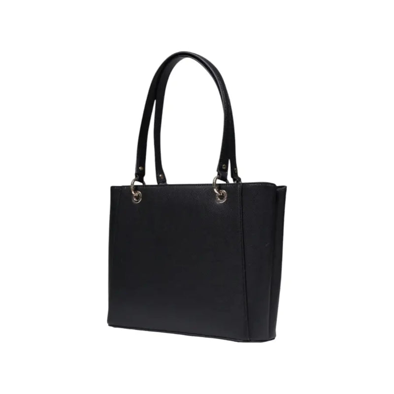 Guess black polyurethane handbag with structured black leather tote shape and silver toned metal hardware and zip pockets