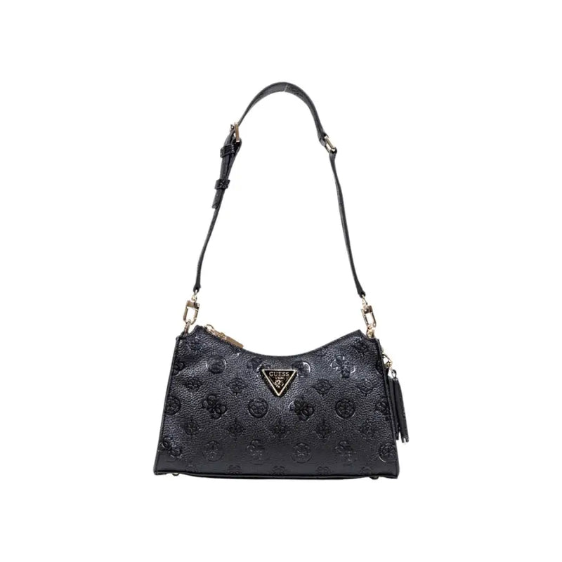 Guess black polyurethane handbag with embossed logo pattern and gold-tone triangular brand emblem and zip pockets