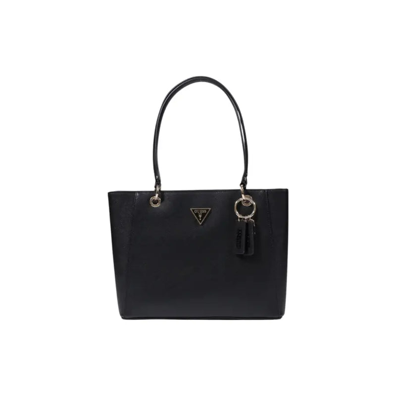 Black Guess polyurethane handbag with sleek leather-like material and gold-tone zip pocket hardware