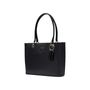 Black Guess polyurethane handbag with sleek leather texture and silver-tone hardware zip pockets front view