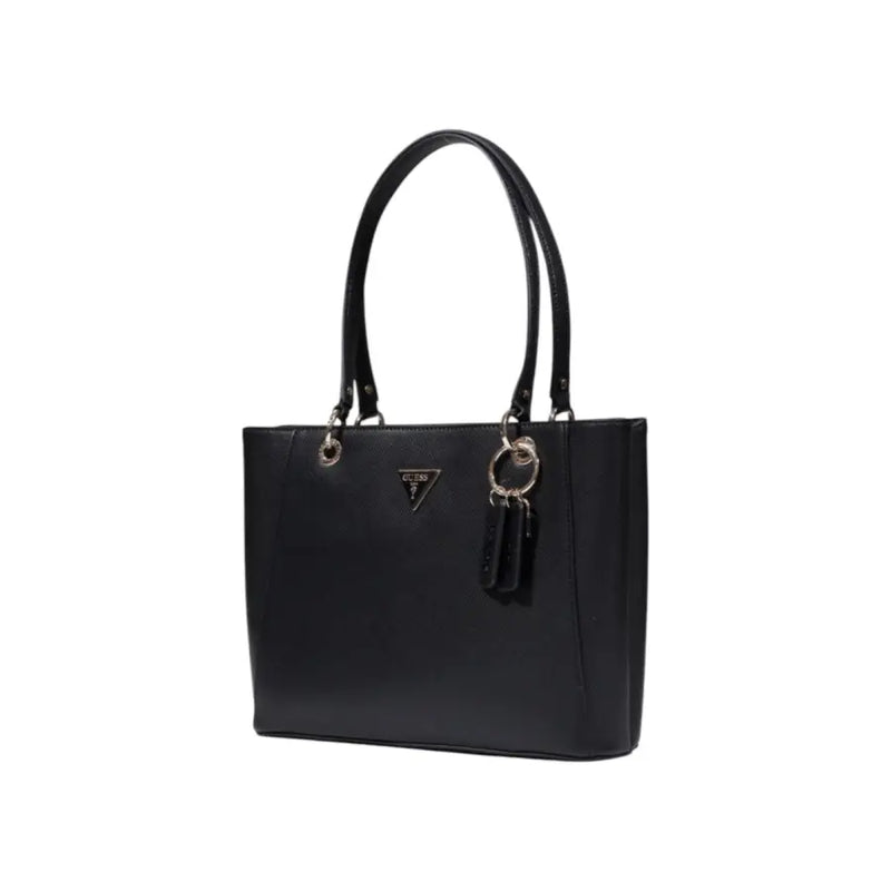 Black Guess polyurethane handbag with sleek leather texture and silver-tone hardware zip pockets front view