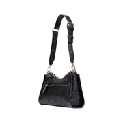 Guess black polyurethane handbag with textured surface and gold-tone zipper and hardware featuring zip pockets