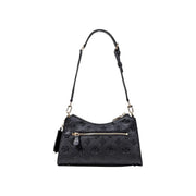 Guess black polyurethane handbag with embossed monogram pattern and gold-tone hardware featuring zip pockets