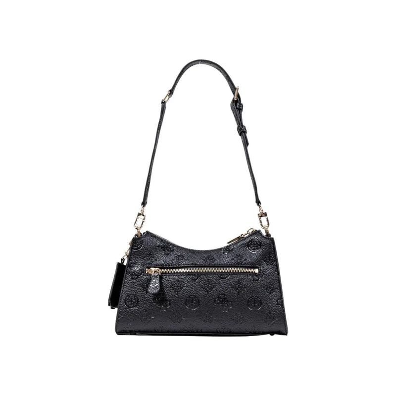 Guess black polyurethane handbag with embossed monogram pattern and gold-tone hardware featuring zip pockets