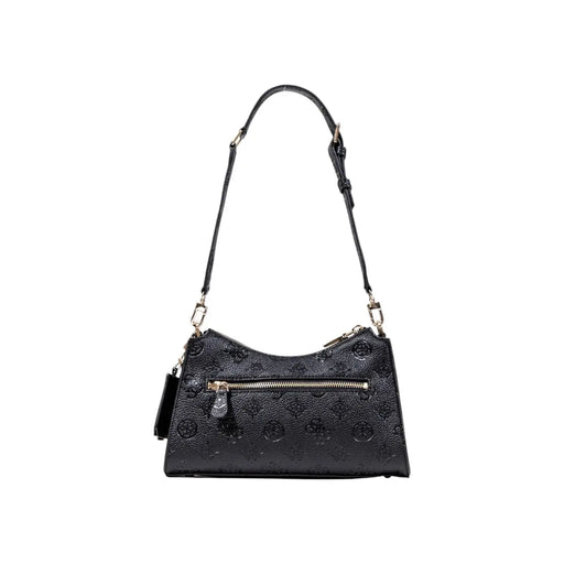 Guess black polyurethane handbag with embossed monogram pattern and gold-tone hardware featuring zip pockets