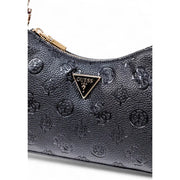 Guess black polyurethane handbag with textured embossed logo pattern and gold-tone triangular Guess USA brand plaque