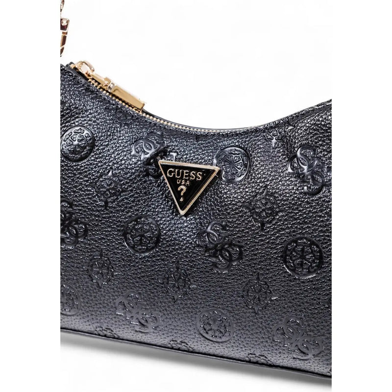 Guess black polyurethane handbag with textured embossed logo pattern and gold-tone triangular Guess USA brand plaque