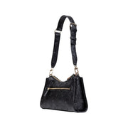 Guess black polyurethane handbag with textured surface and gold-tone zipper and hardware featuring zip pockets