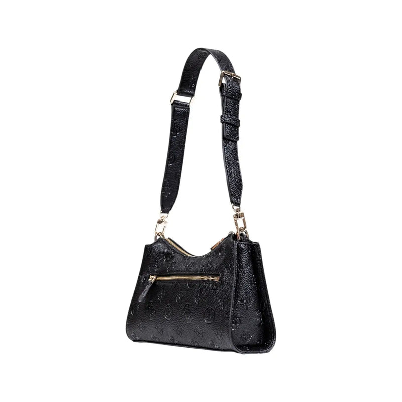 Guess black polyurethane handbag with textured surface and gold-tone zipper and hardware featuring zip pockets