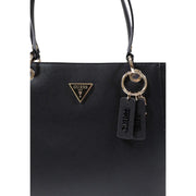 Black guess tote bag with textured polyurethane surface and gold-tone triangular logo featuring zip pockets