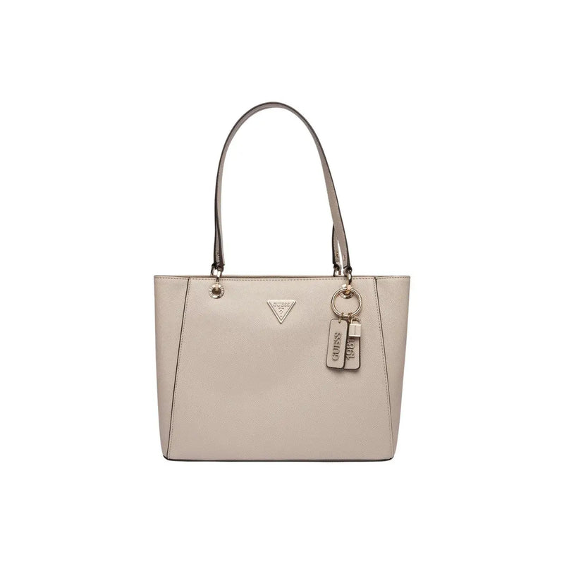 Guess beige textured leather tote bag with silver triangular logo and keychain